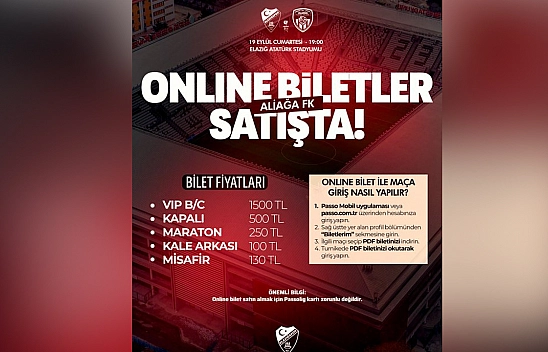 Elazığspor–Aliağa FK maçı biletleri satışta