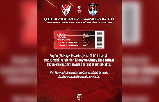 Elazığspor-Vanspor FK maçı öncesi bilet duyurusu: Deplasman tribünü açıldı