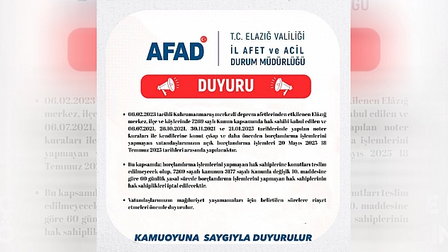 AFAD'dan Elazığ'a kritik uyarı