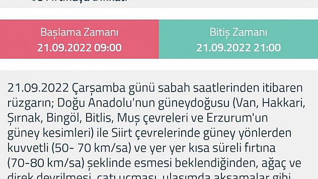 Bingöl dahil 7 il için fırtına uyarısı