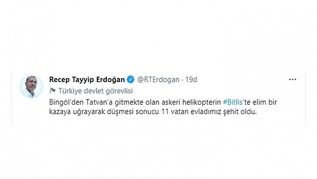 Cumhurbaşkanı Erdoğan'dan düşen askeri helikopterle ilgili paylaşım