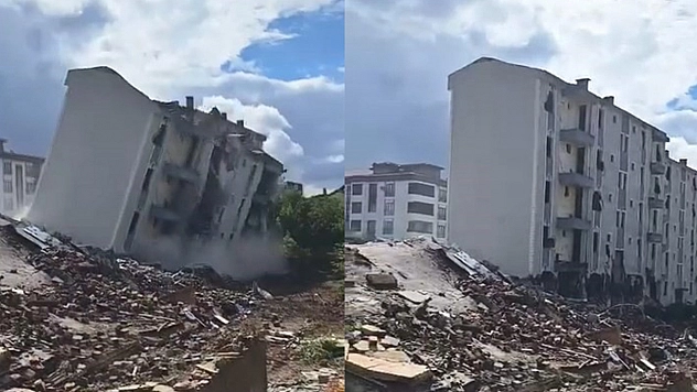 Elazığ'da ağır hasarlı bina, tek dokunuşla yerle bir oldu