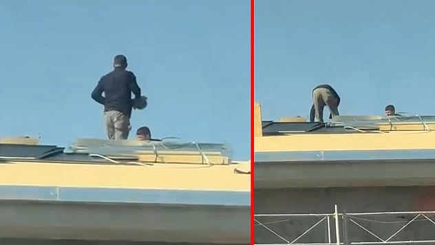 Elazığ'da çatıdaki işçilerin tehlikeli çalışması yürekleri ağza getirdi