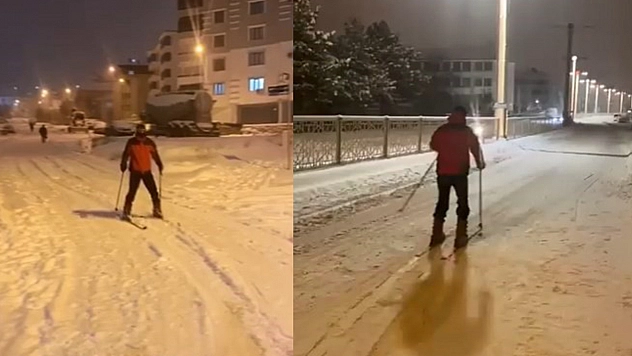 Elazığ'da kar sonrası caddede kayak keyfi