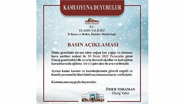 Elazığ'da Okullar Yarın da Tatil Edildi