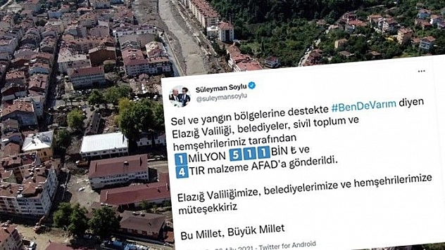 Elazığ'dan sel ve yangın bölgelerine 1 milyon 511 bin lira destek