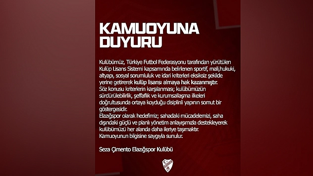 Elazığspor'a TFF'den tam not: Kulüp lisansı alındı