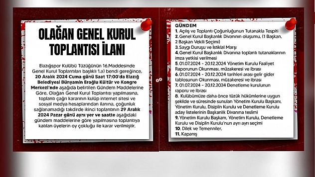 Elazığspor olağan genel kurul toplantısı 20 Aralık'ta yapılacak