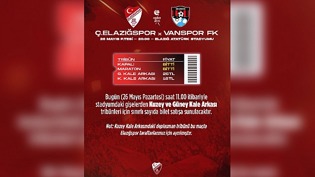 Elazığspor-Vanspor FK maçı öncesi bilet duyurusu: Deplasman tribünü açıldı