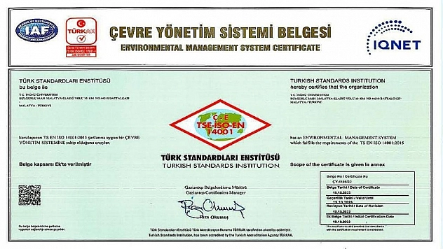 İnönü Üniversitesi'ne Çevre Yönetim Sistemi belgesi