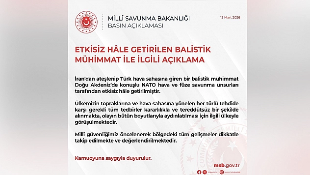 Türkiye hava sahasına giren balistik mühimmat Doğu Akdeniz'de etkisiz hale getirildi