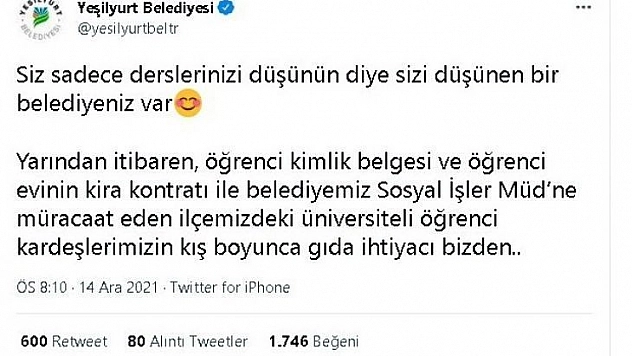Yeşilyurt Belediyesinden üniversite öğrencilerine büyük jest
