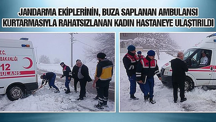 Buza saplanan ambulansı, jandarma kürekle kurtardı