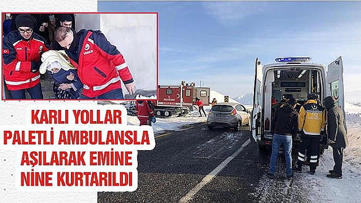 KARLI YOLLAR PALETLİ AMBULANSLA AŞILARAK EMİNE NİNE KURTARILDI