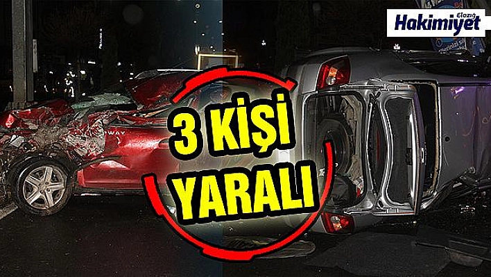 Çarpışan otomobillerden biri yan yattı