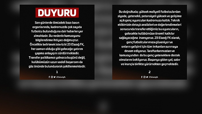 23 Elazığ FK' dan oyuncu sayısı hakkında açıklama