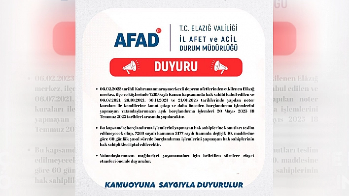 AFAD'dan Elazığ'a kritik uyarı