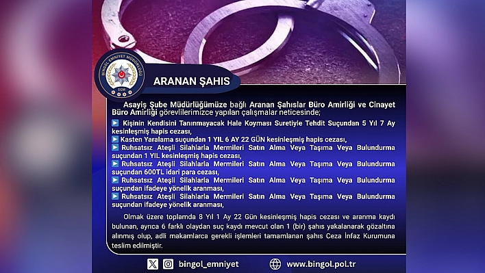 Bingöl'de kesinleşmiş hapis cezası bulunan şüpheli yakalandı