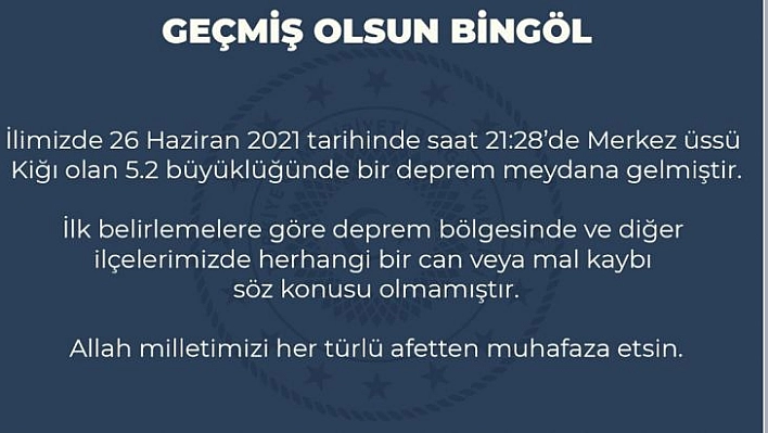 Bingöl Valiliğinden  deprem açıklaması: 'Herhangi bir can veya mal kaybı söz konusu olmamıştır'