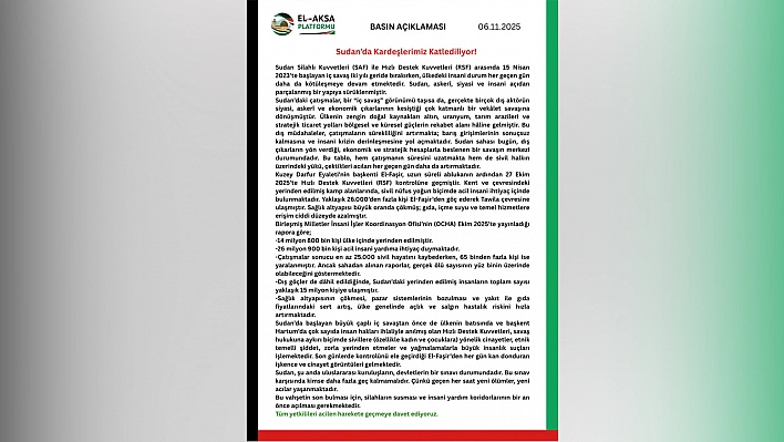 El-Aksa Platformu: 'Sudan'da kardeşlerimiz katlediliyor!'