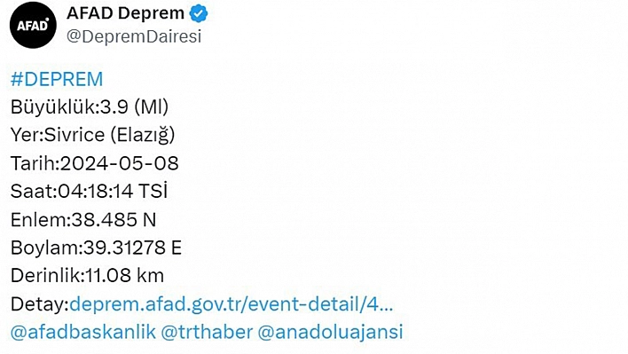 Elazığ'da 3.9 Büyüklüğünde Deprem