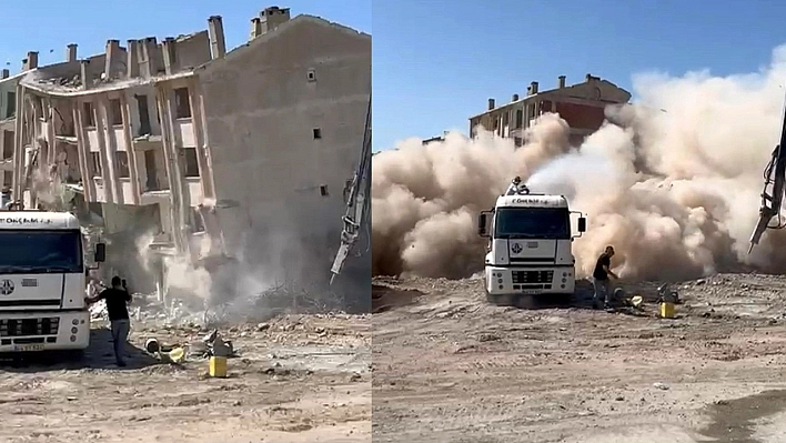 Elazığ'da ağır hasarlı bina tek dokunuşta yerle bir oldu