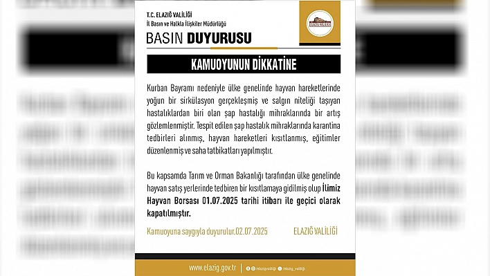 Elazığ Hayvan Borsası kapatıldı!