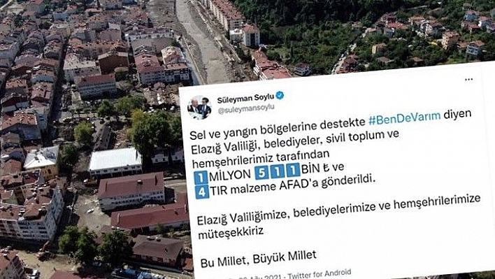 Elazığ'dan sel ve yangın bölgelerine 1 milyon 511 bin lira destek