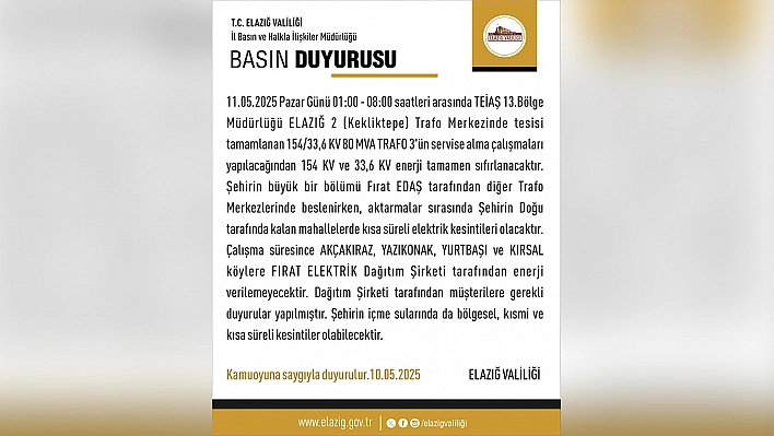 Elazığ Valiliği duyurdu! Elazığ'da elektrik kesintisi yaşanacak