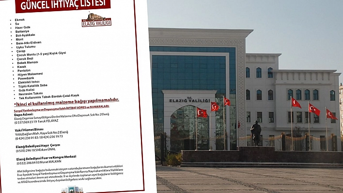 Elazığ Valiliği, Güncel İhtiyaç Listesini Paylaştı