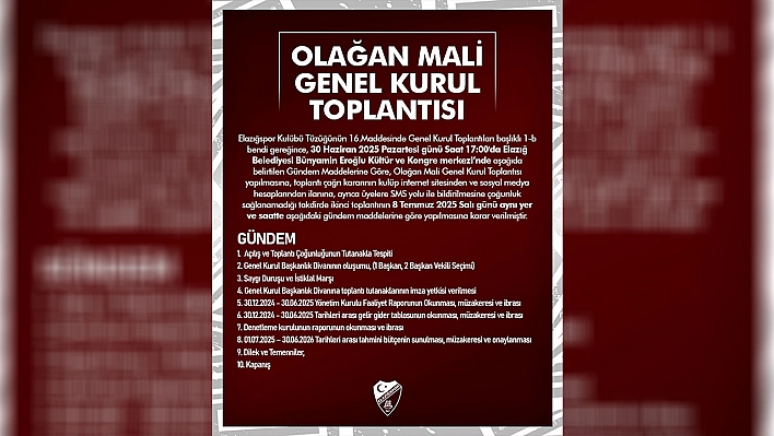 Elazığspor'da olağan mali genel kurul toplantısı yapılacak