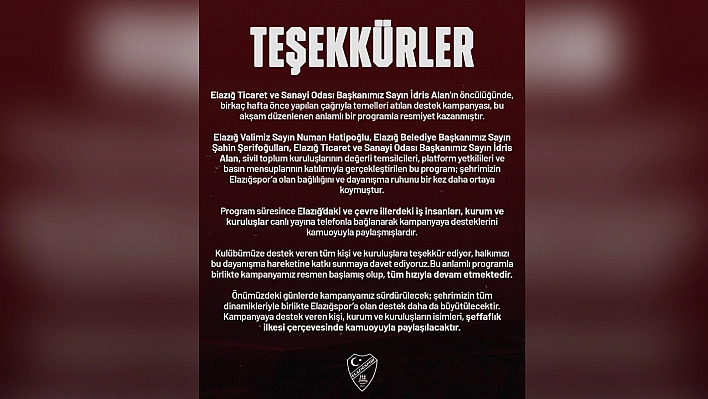 Elazığspor'dan teşekkür paylaşımı: Kampanya hâlâ devam ediyor