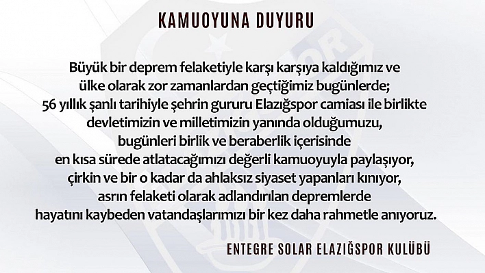 Elazığspor: 'Devletimizin ve milletimizin yanındayız'