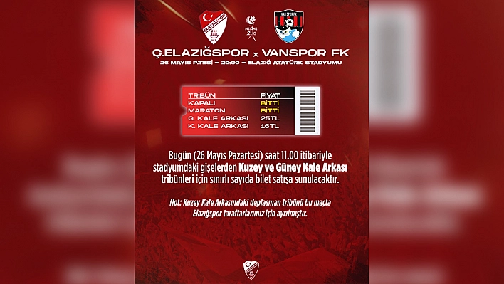 Elazığspor-Vanspor FK maçı öncesi bilet duyurusu: Deplasman tribünü açıldı
