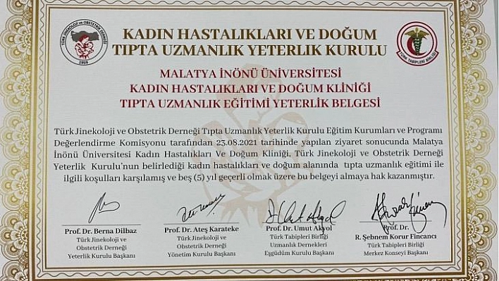 İnönü Kadın Hastalıkları ve Doğum Kliniği'ne yeterlilik belgesi