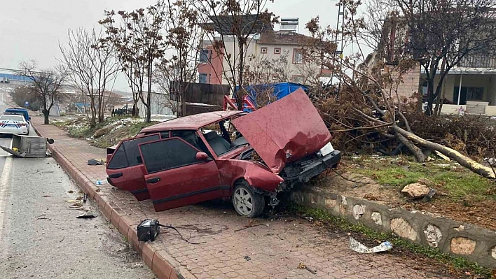 Kontrolden çıkan araç kaldırıma çıkıp ağacı yerinden söktü