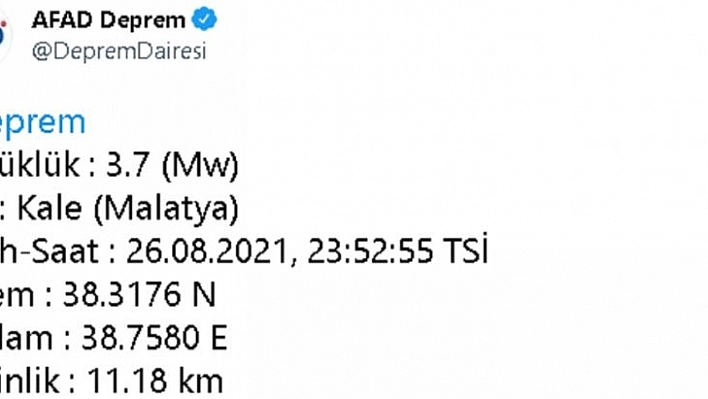 Malatya'da 3.7 büyüklüğünde deprem