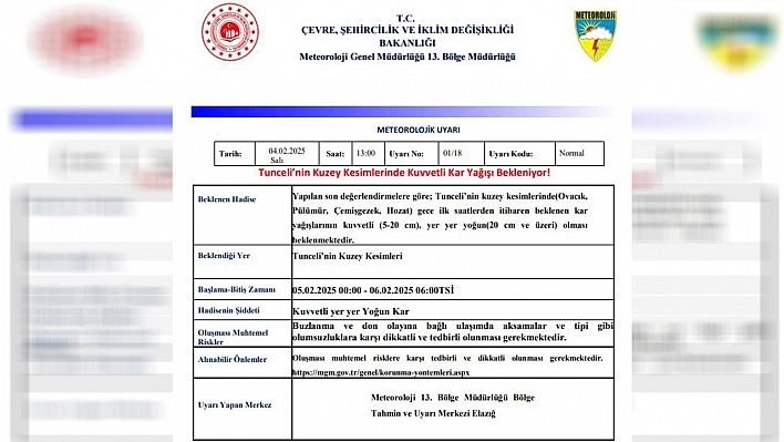 Meteoroloji Tunceli için uyarı verdi