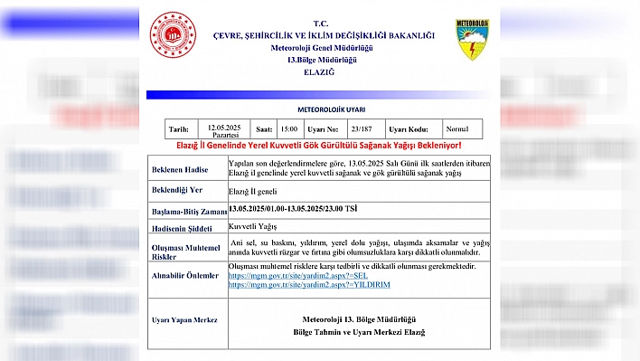 Meteorolojiden Elazığ için kuvvetli yağış uyarısı