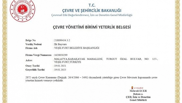 Yeşilyurt Belediyesi, çevre yönetim yeterlilik belgesini aldı