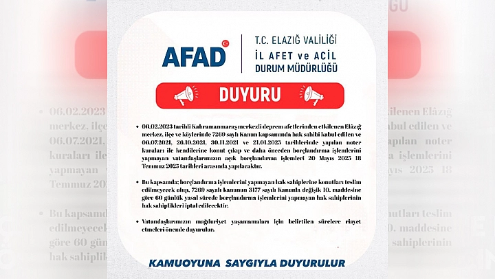 AFAD'dan Elazığ'a kritik uyarı