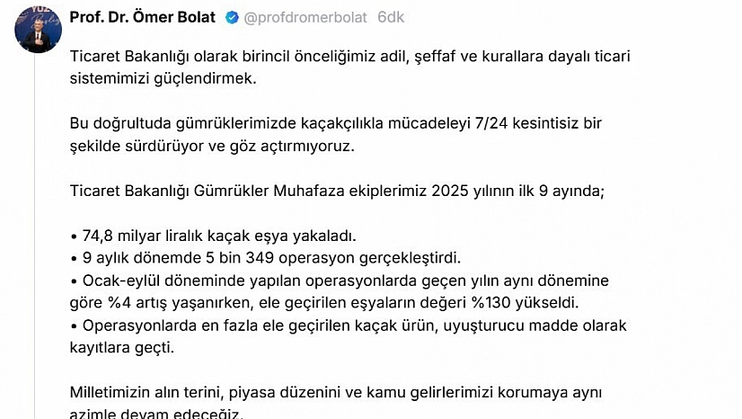 Bakan Bolat açıkladı: Gümrükler Muhafaza ekipleri ilk 9 ayda 74,8 milyar liralık kaçak eşya ele geçirdi