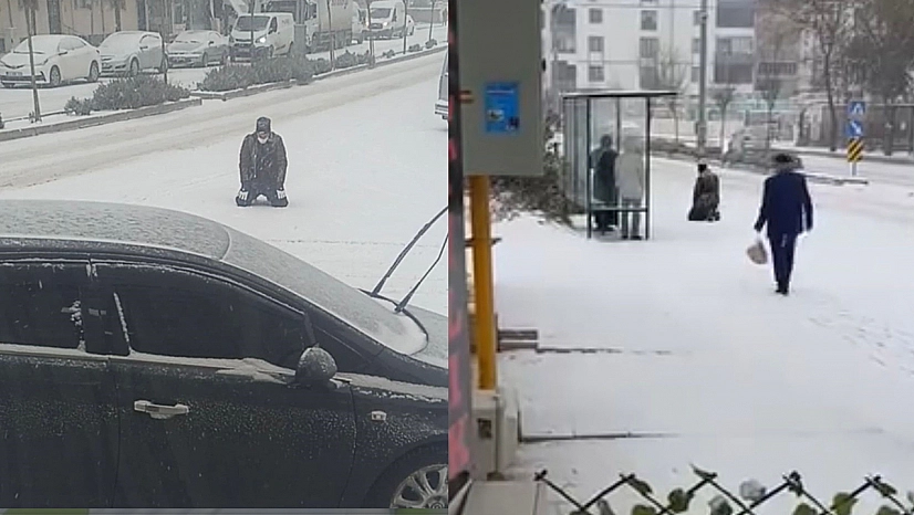 Elazığ'da kar yağışı sırasında dikkat çeken anlar