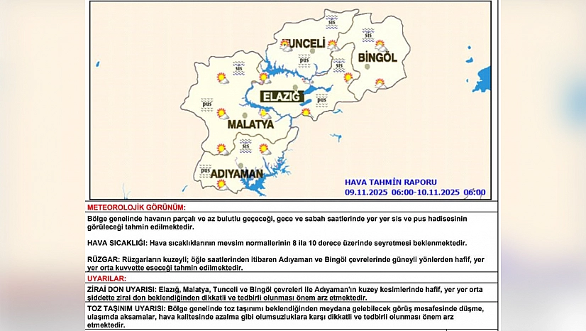 Elazığ ve çevre illere toz taşınımı ve zirai don uyarısı