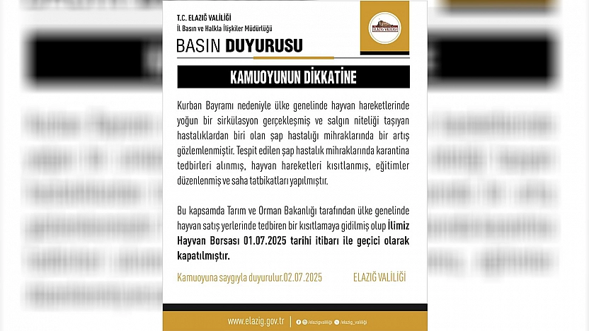 Elazığ Hayvan Borsası kapatıldı!