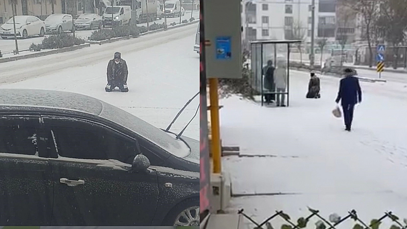 Elazığ'da kar yağışı sırasında dikkat çeken anlar