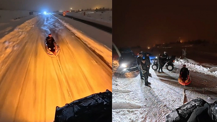 Elazığ'da Şişme botu kızak yapıp ATV araçla çektiler
