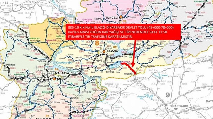 Elazığ–Diyarbakır yolunda ağır taşıtlara kar engeli