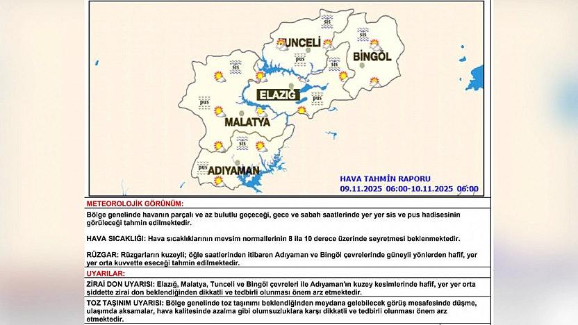 Elazığ ve çevre illere toz taşınımı ve zirai don uyarısı