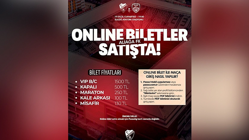 Elazığspor–Aliağa FK maçı biletleri satışta